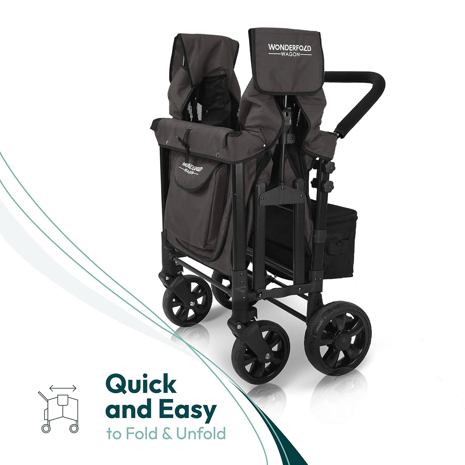 WonderFold W4 Original Stroller Wagon - Foldable Wagon with 5 Point Harness - Adjustable Canopy & Deep Carriage - All-Terrain Wheels - for Babies, Toddlers & Kids - 4 Seater - Black