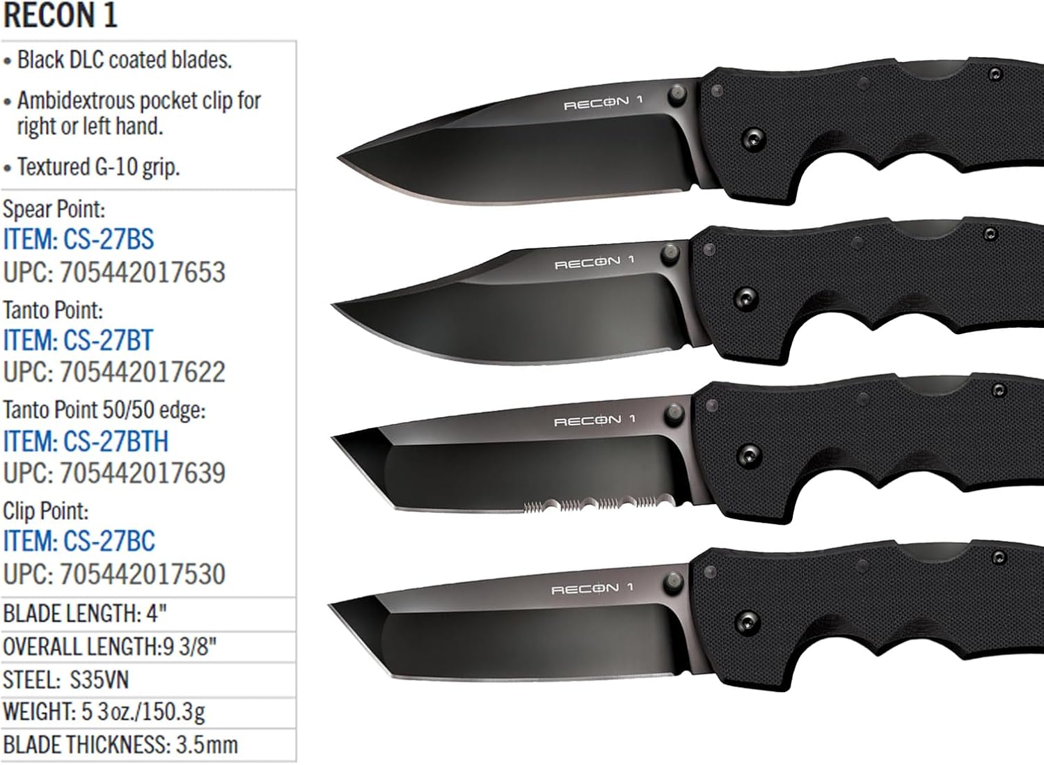 COLD STEEL Recon 1 4' S35VN Razor-Sharp Blade 5.375' G-10 Handle Tactical Folding Knife w/Tri-Ad Lock, Ambidextrous Pocket/Belt Clip