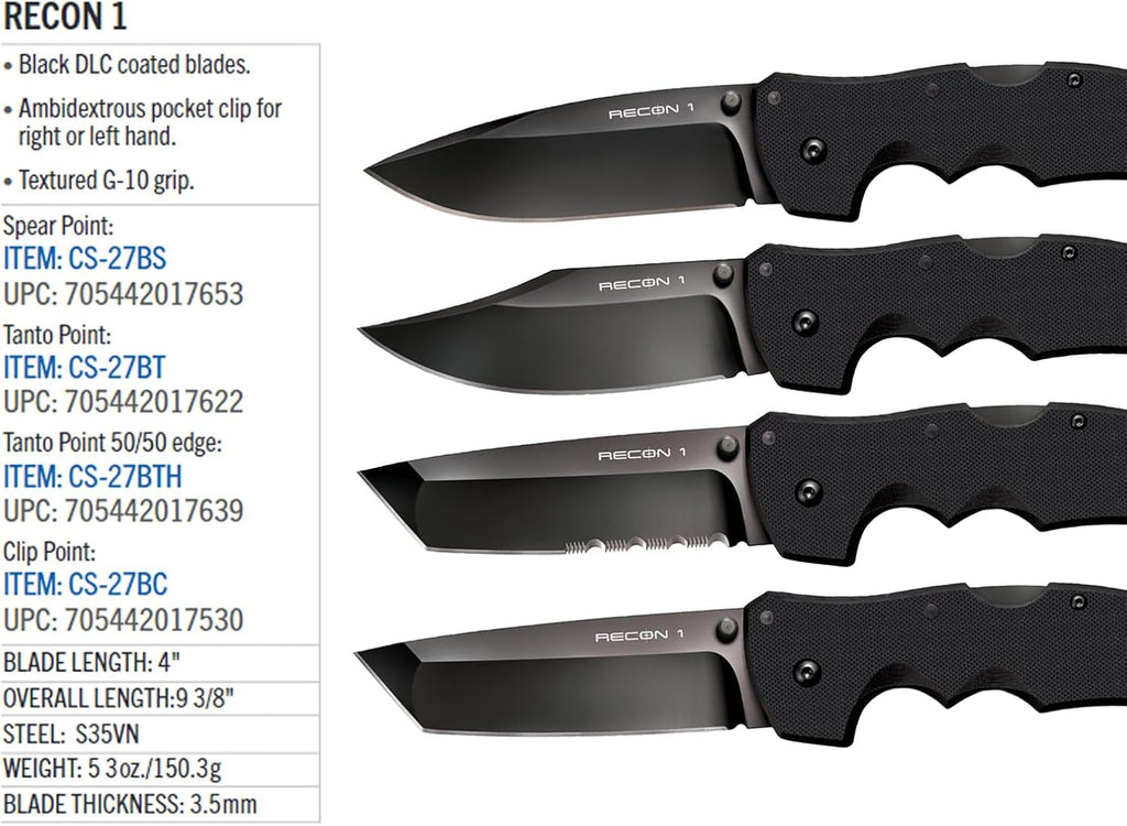 COLD STEEL Recon 1 4' S35VN Razor-Sharp Blade 5.375' G-10 Handle Tactical Folding Knife w/Tri-Ad Lock, Ambidextrous Pocket/Belt Clip