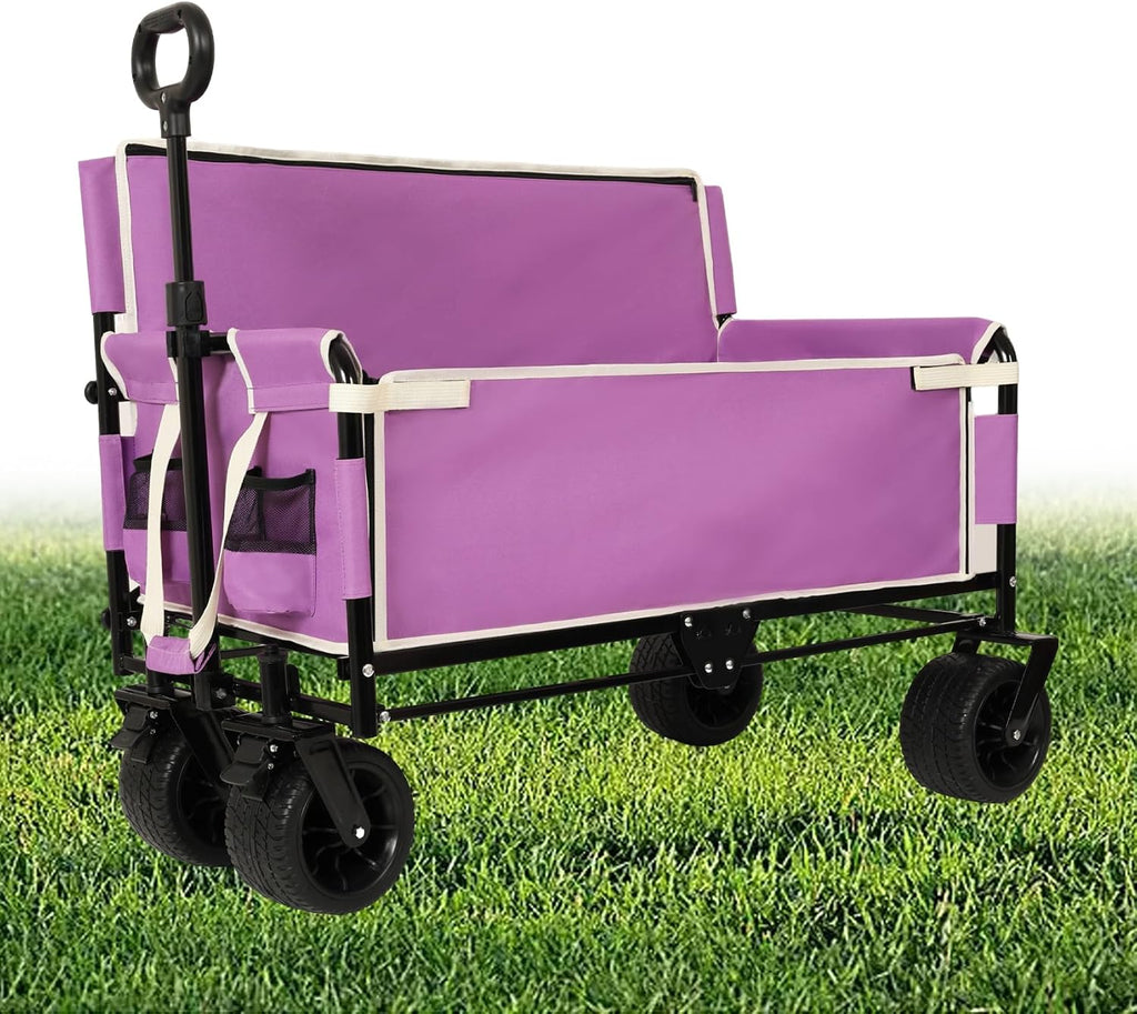 Convertible Folding Wagon Cart, 500lbs Heavy-Duty Utility Wagon with Bench Seat & Storage, 180L Capacity, All-Terrain Wheels for Camping, Beach, Sports, Garden