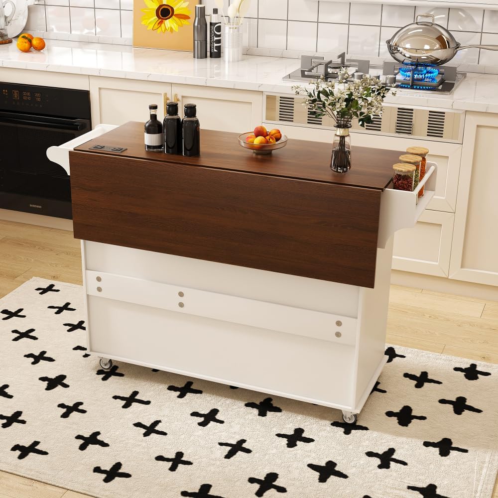 Space-Saving Drop-Leaf Kitchen Island Cart – Foldable Tabletop, 3 Drawers & Adjustable Shelves | Mobile Breakfast Bar with Locking Casters – Works as Baker's Rack, Microwave Stand or Workstation