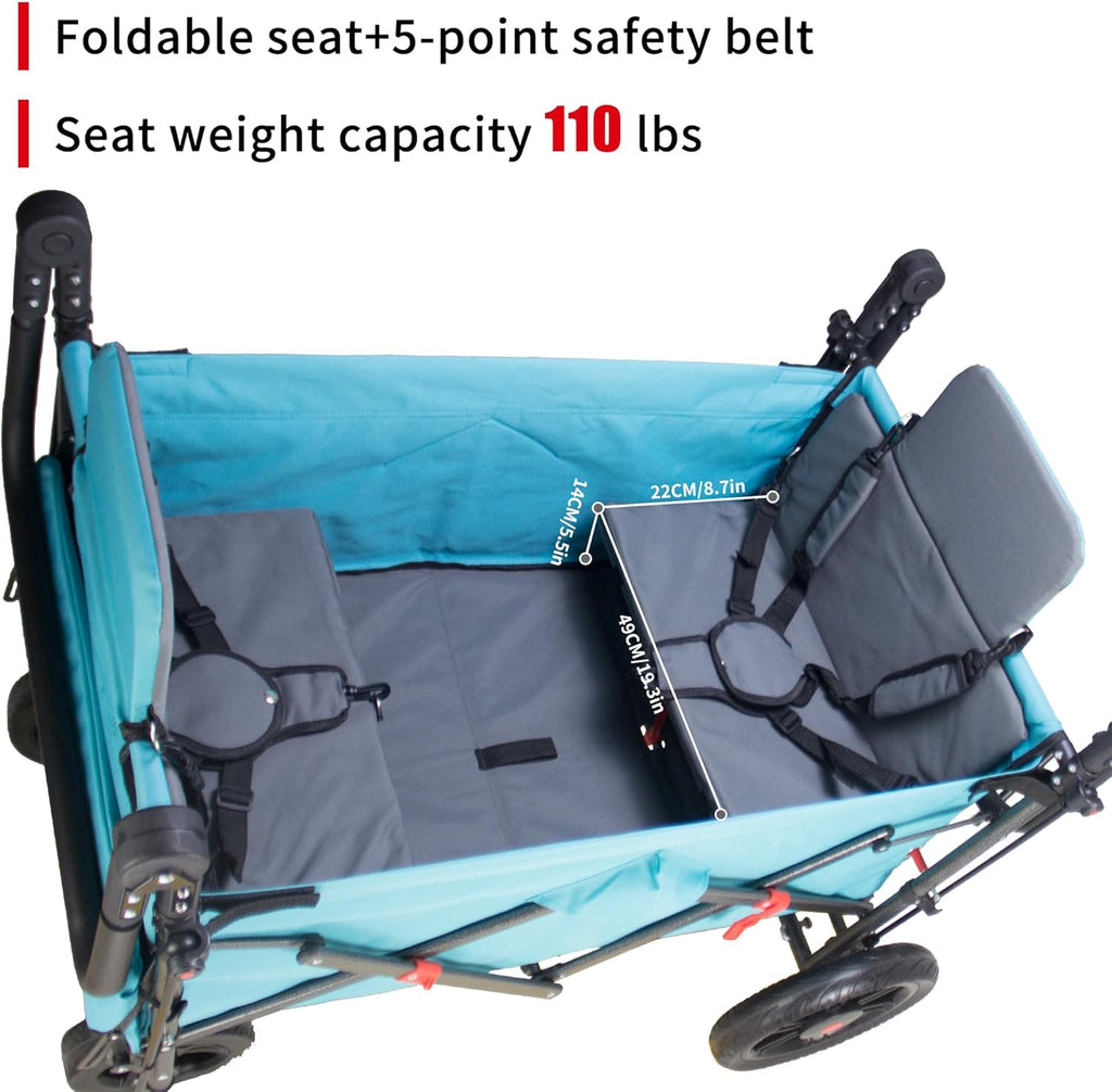 TMZ Foldable Wagon with Rain Cover & 2 Seats, Collapsible Folding Wagon with Adjustable Handle Bar, Multi Functional Cart with Canopy, Front Expandable Garden Cart (Transparent/Turquoise)