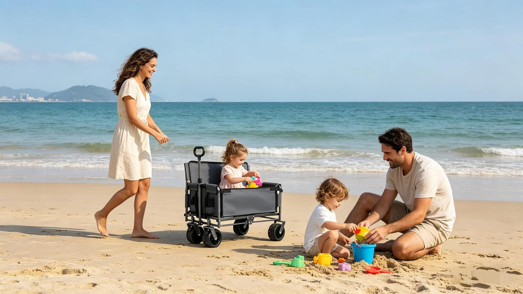 3-in-1 Convertible Folding Wagon Cart with Bench Seat & Storage - 500lbs Heavy-Duty Utility Wagon, 180L Capacity All-Terrain Wheels for Camping, Beach, Sports, Garden (Gray)