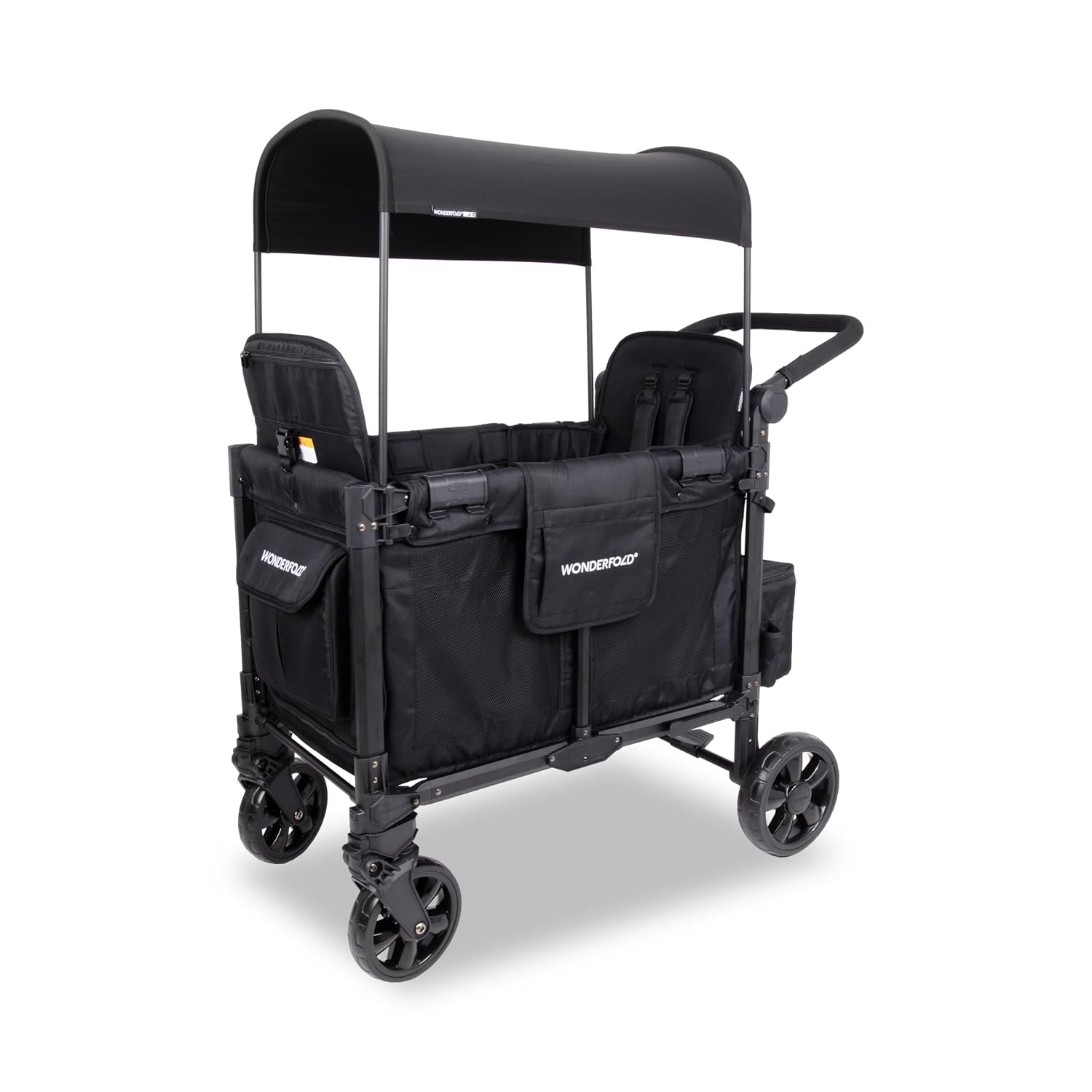 WonderFold W2 Elite Pro Stroller Wagon - Foldable Wagon with Aluminum Frame - Adjustable Canopy & Push Handle - All-Terrain Wheels - for Babies, Toddlers & Kids - 4 Seater - Jet Black
