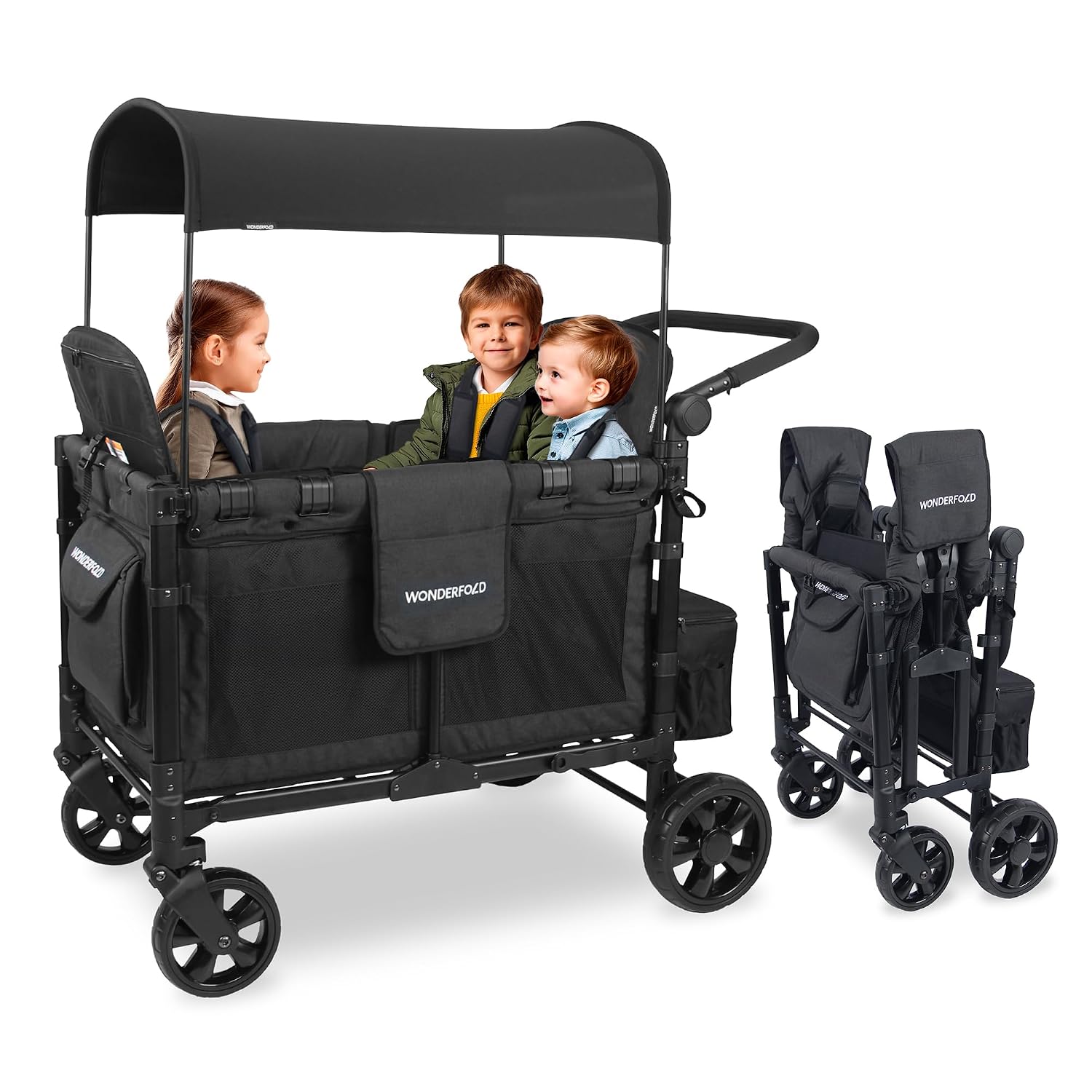 WonderFold W4 Elite Stroller Wagon - Foldable Wagon with Steel Frame - Adjustable Canopy & Push Handle - All-Terrain Wheels - for Babies, Toddlers & Kids - 4 Seater - Jet Black