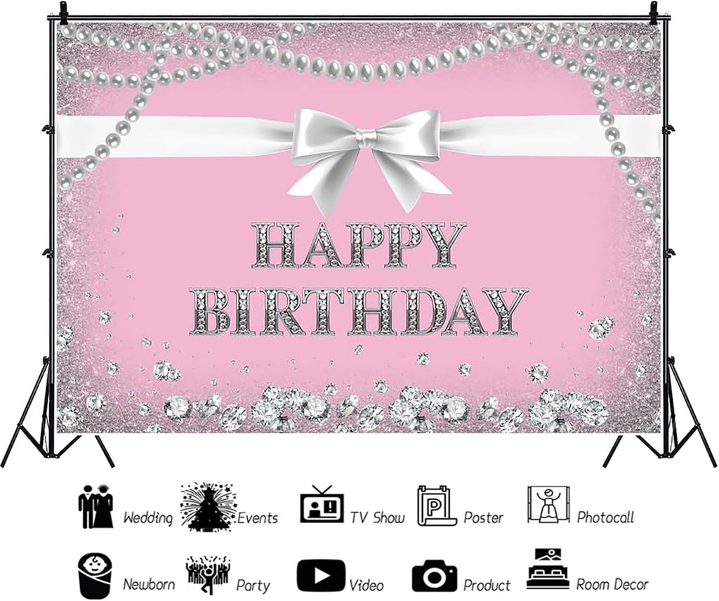 20x10ft Pink Happy Birthday Backdrop Photography Background Silver Bowknot Pearl Necklace Diamonds Backdrop Birthday Party Girls Princess Portrait Photo Studio Video Props