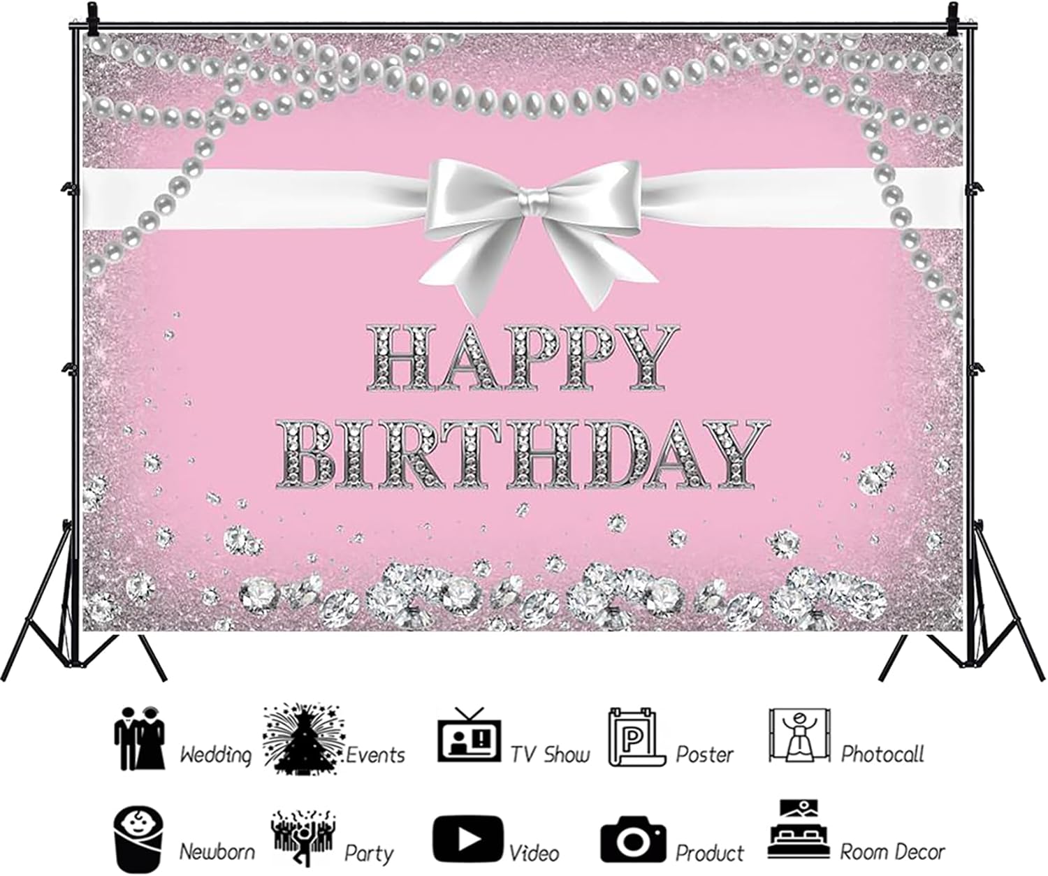20x10ft Pink Happy Birthday Backdrop Photography Background Silver Bowknot Pearl Necklace Diamonds Backdrop Birthday Party Girls Princess Portrait Photo Studio Video Props