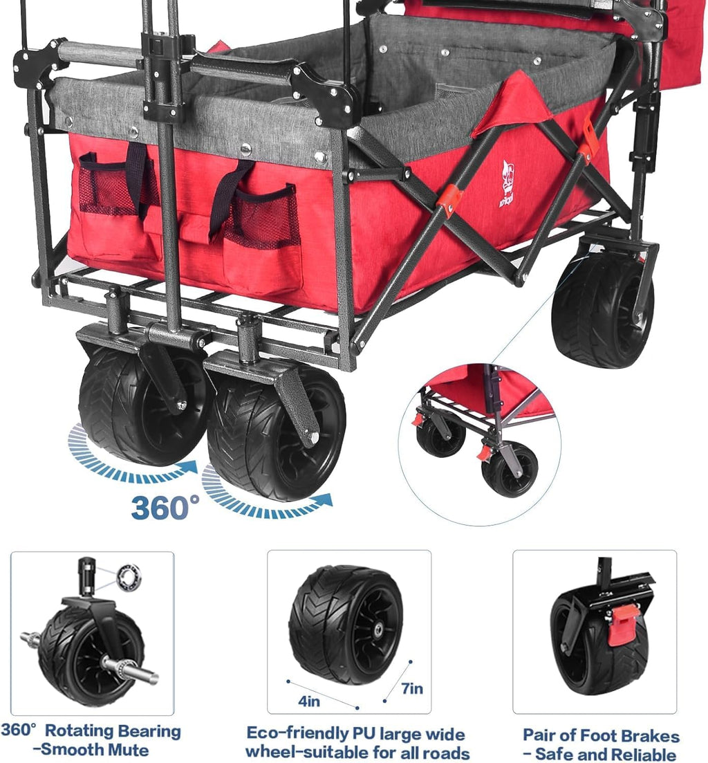 All Terrain Collapsible Wagon Cart with Big Wheels, 350 Pound Capacity Heavy Duty Enlarged Utility Folding Beach Garden Wagon Cart with Brake & Adjustable Handle for Outdoor Camping Shopping Red
