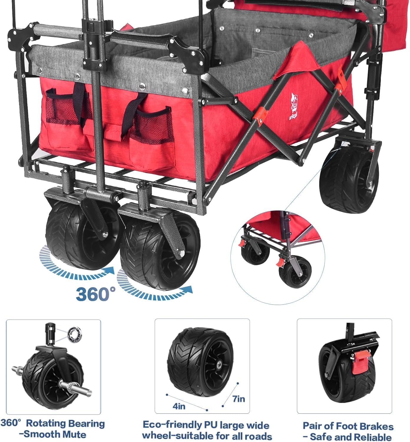 All Terrain Collapsible Wagon Cart with Big Wheels, 350 Pound Capacity Heavy Duty Enlarged Utility Folding Beach Garden Wagon Cart with Brake & Adjustable Handle for Outdoor Camping Shopping Red