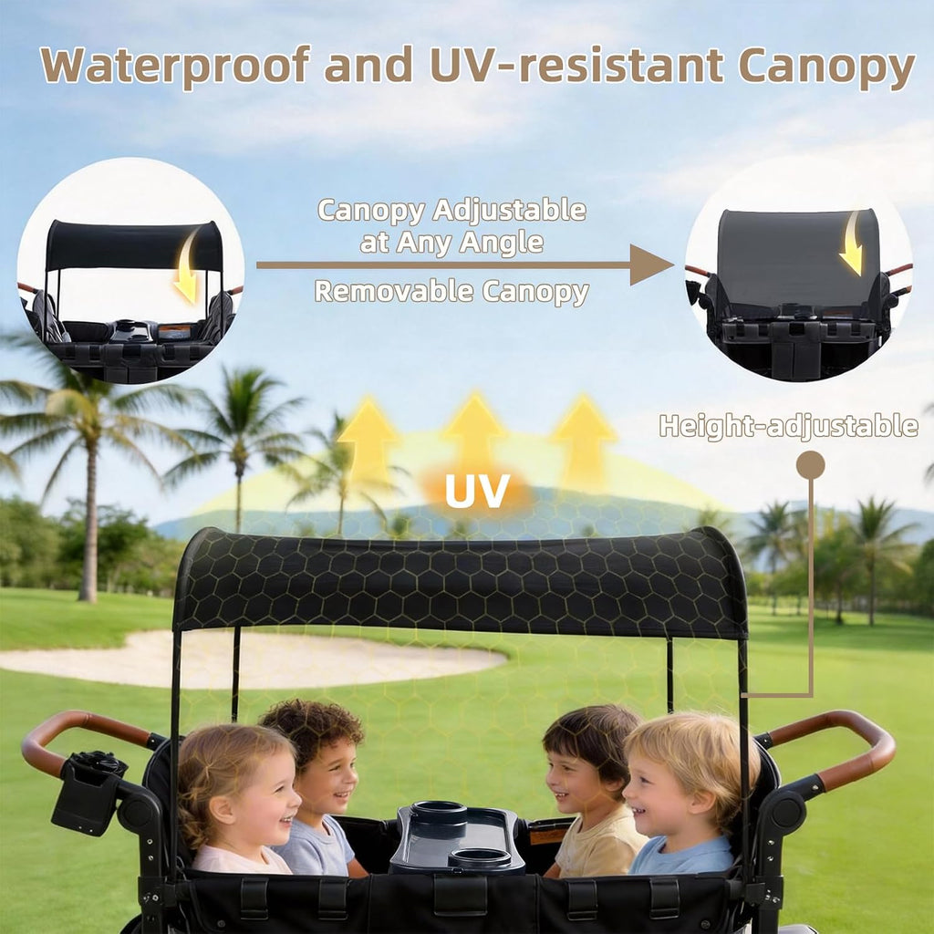 Stroller Wagon for 4 Kids, 4 Seater Wagon Stroller with Snack Tray, Large Storage Bag, Phone Cup Holder, Removable Canopy, Foldable Wagon Stroller 4 Seater with Adjustable Push Handles (Deep Black)