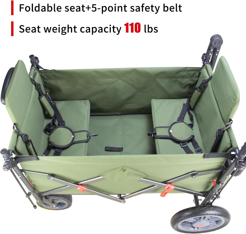 TMZ Collapsible Wagon with 2 Foldable Seats, Folding Cart with Removable Canopy, Heavy Duty Wagon 265LBS Load Capacity for Camping Garden Shopping (Green)
