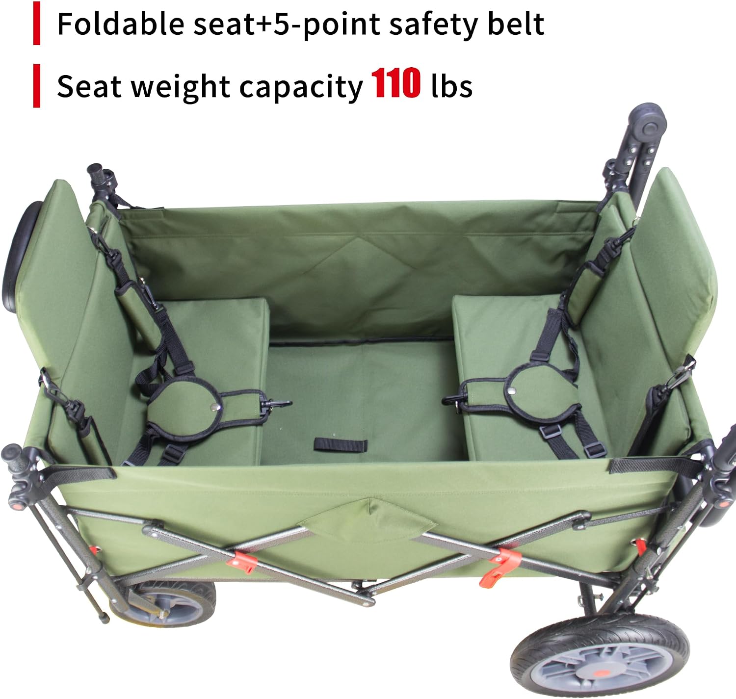 TMZ Collapsible Wagon with 2 Foldable Seats, Folding Cart with Removable Canopy, Heavy Duty Wagon 265LBS Load Capacity for Camping Garden Shopping (Green)
