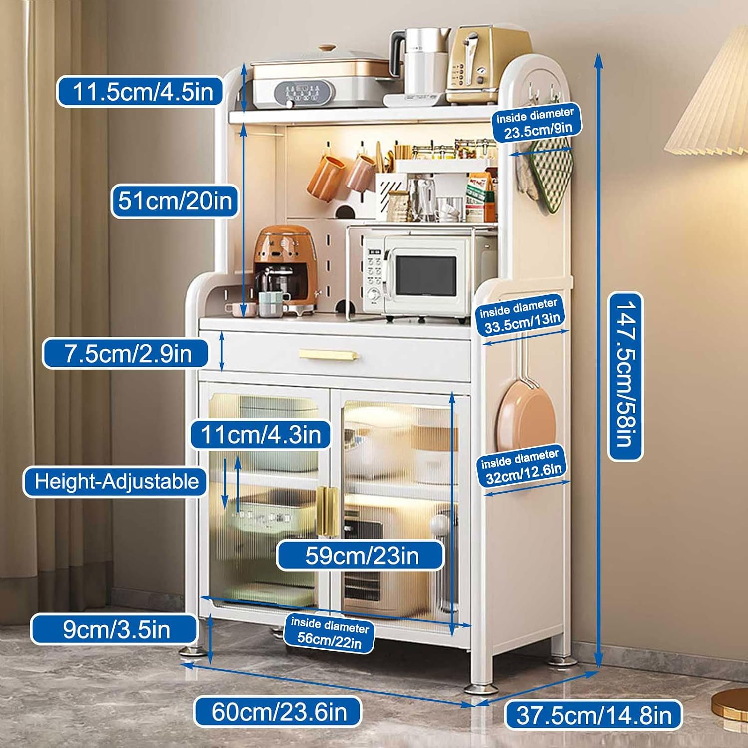 Kitchen Bakers Rack, 5-Tier Kitchen Storage Cabinets With Drawer, Coffee Bar Cabinet With Adjustable Shelf, Pantry Cabinet Kitchen Cupboards Hutch Cabinet For Home,White,147.5×70C,White,147.5×60cm/58