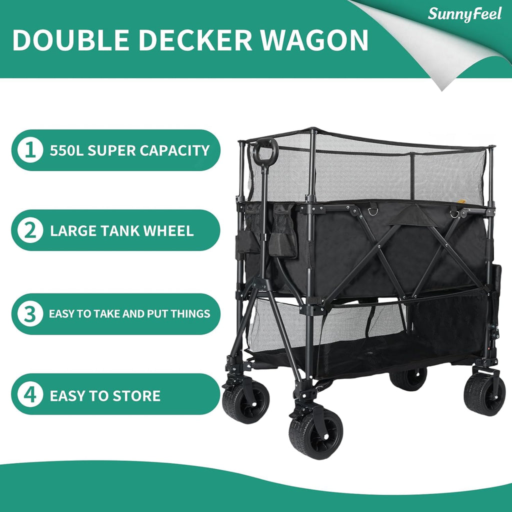 SUNNYFEEL 550L Large Capacity Double Decker Wagon, 550LBS Heavy Duty Collapsible Sports Wagon, Extra High Extender Wagon Cart with Tailgate, All-Terrain Big Wheels for Camping Fishing Beach, Black