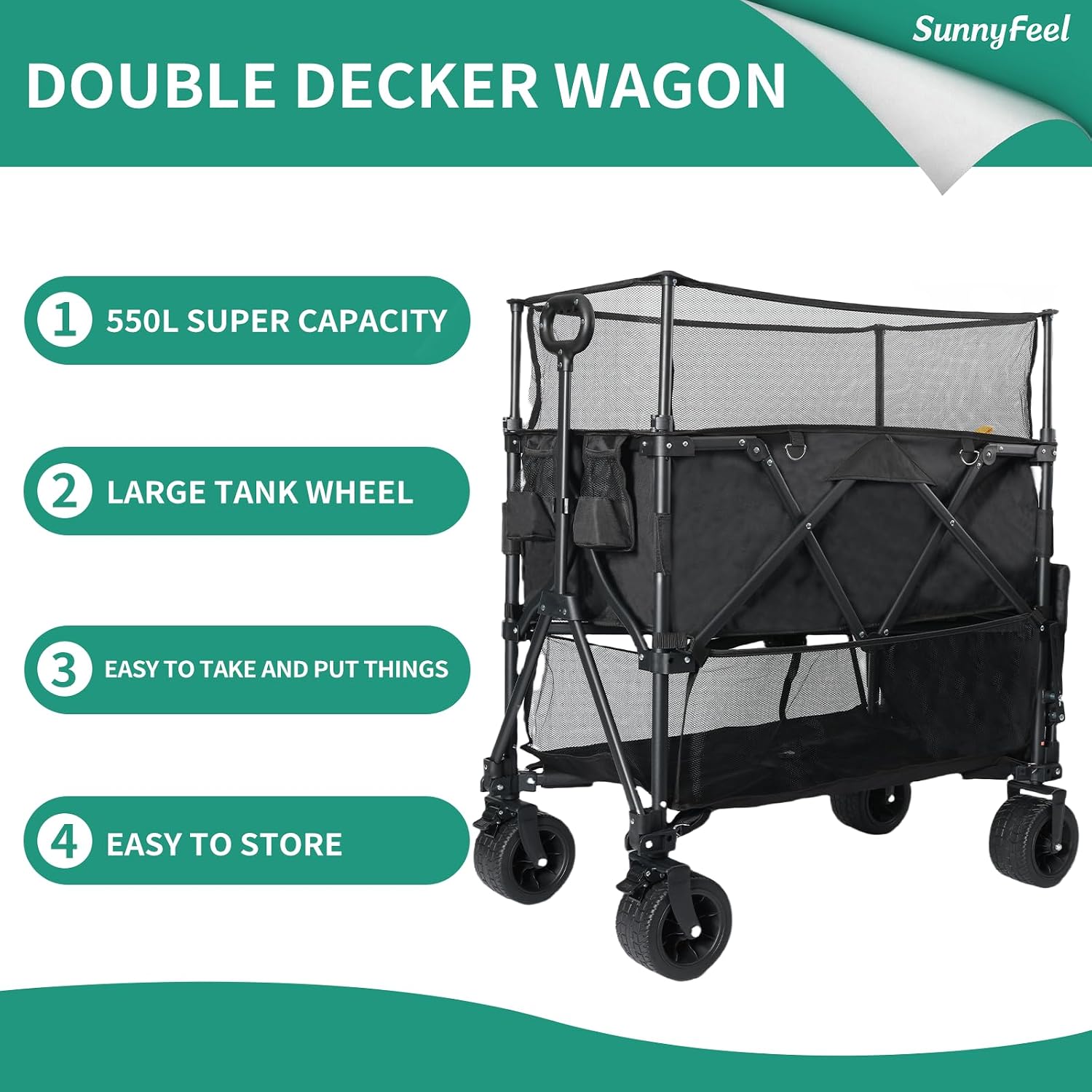 SUNNYFEEL 550L Large Capacity Double Decker Wagon, 550LBS Heavy Duty Collapsible Sports Wagon, Extra High Extender Wagon Cart with Tailgate, All-Terrain Big Wheels for Camping Fishing Beach, Black