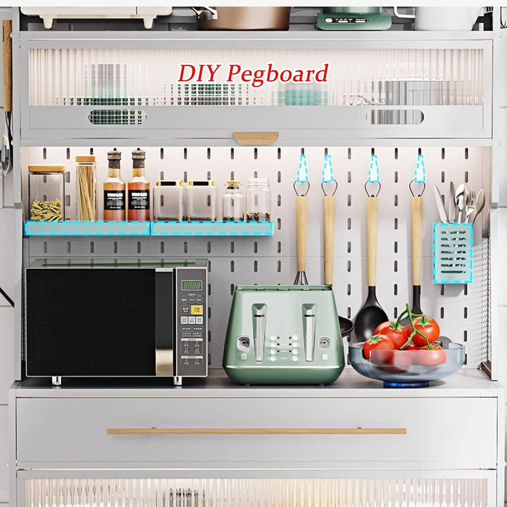JKGHK 5-Tier Bakers Racks with Storage for Kitchens, Microwave Stand on Wheels with Flip Door Cabinets and Pegboard, Tall Kitchen Pantry Cabinet with Drawer for Home(Black,80cm/31.4in)