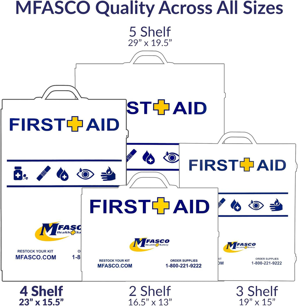 MFASCO Workplace Metal First Aid Kit - 4 Shelf Wall Mount Cabinet with Medications - Large Metal First Aid Box for Office with Supplies - Commercial Grade for Businesses - Emergency Preparedness