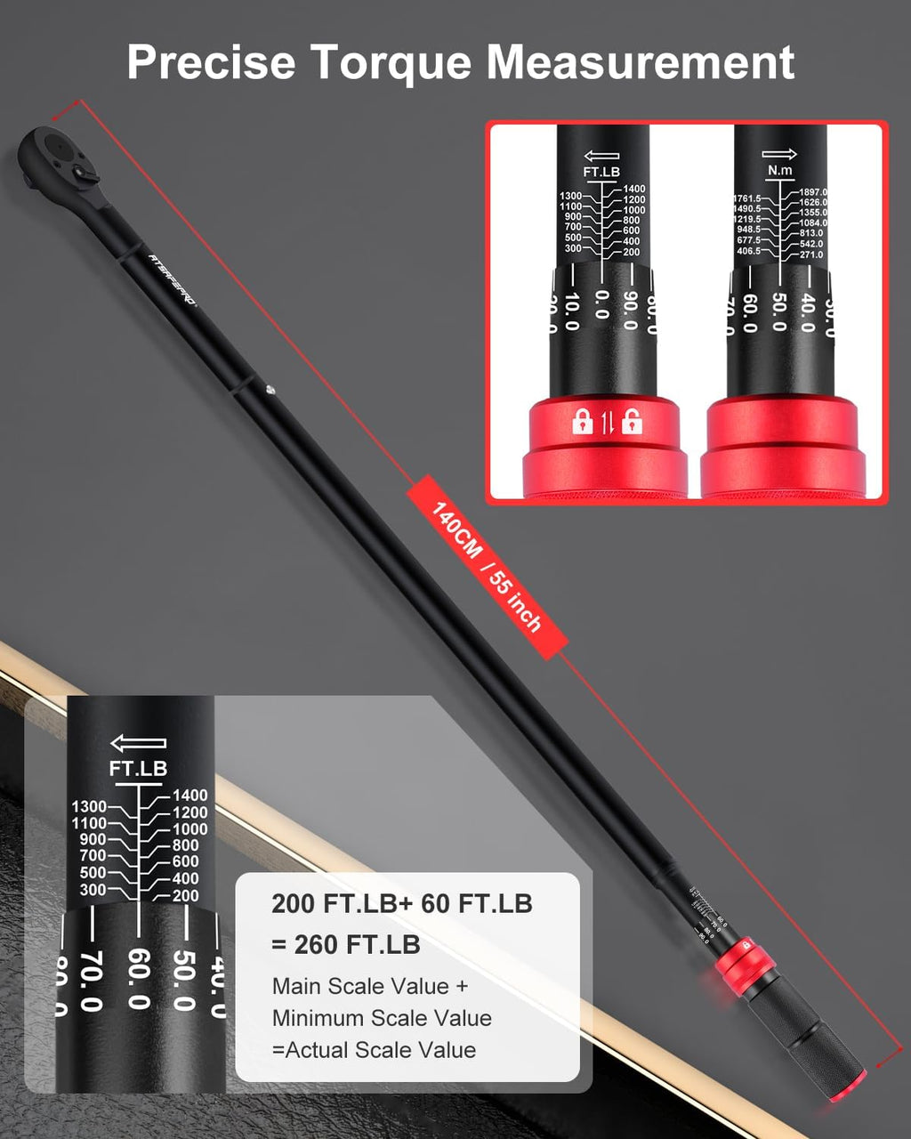 1 Inch Torque Wrench 200-1400 FT-Lb – 24-Tooth Reversible Ratchet, ±3% Accuracy, Cr-V Steel, Dual Scale (Ft-Lb/Nm), 55' Length Heavy Duty Torque Wrench for Trucks, Trailers & Heavy Equipment
