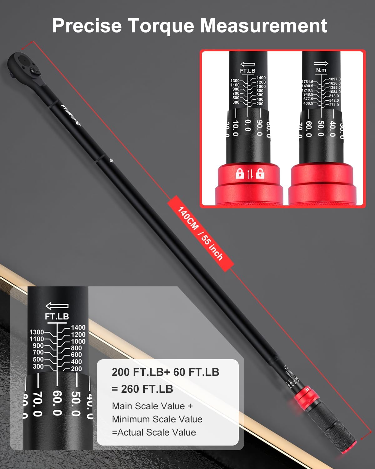 1 Inch Torque Wrench 200-1400 FT-Lb – 24-Tooth Reversible Ratchet, ±3% Accuracy, Cr-V Steel, Dual Scale (Ft-Lb/Nm), 55' Length Heavy Duty Torque Wrench for Trucks, Trailers & Heavy Equipment