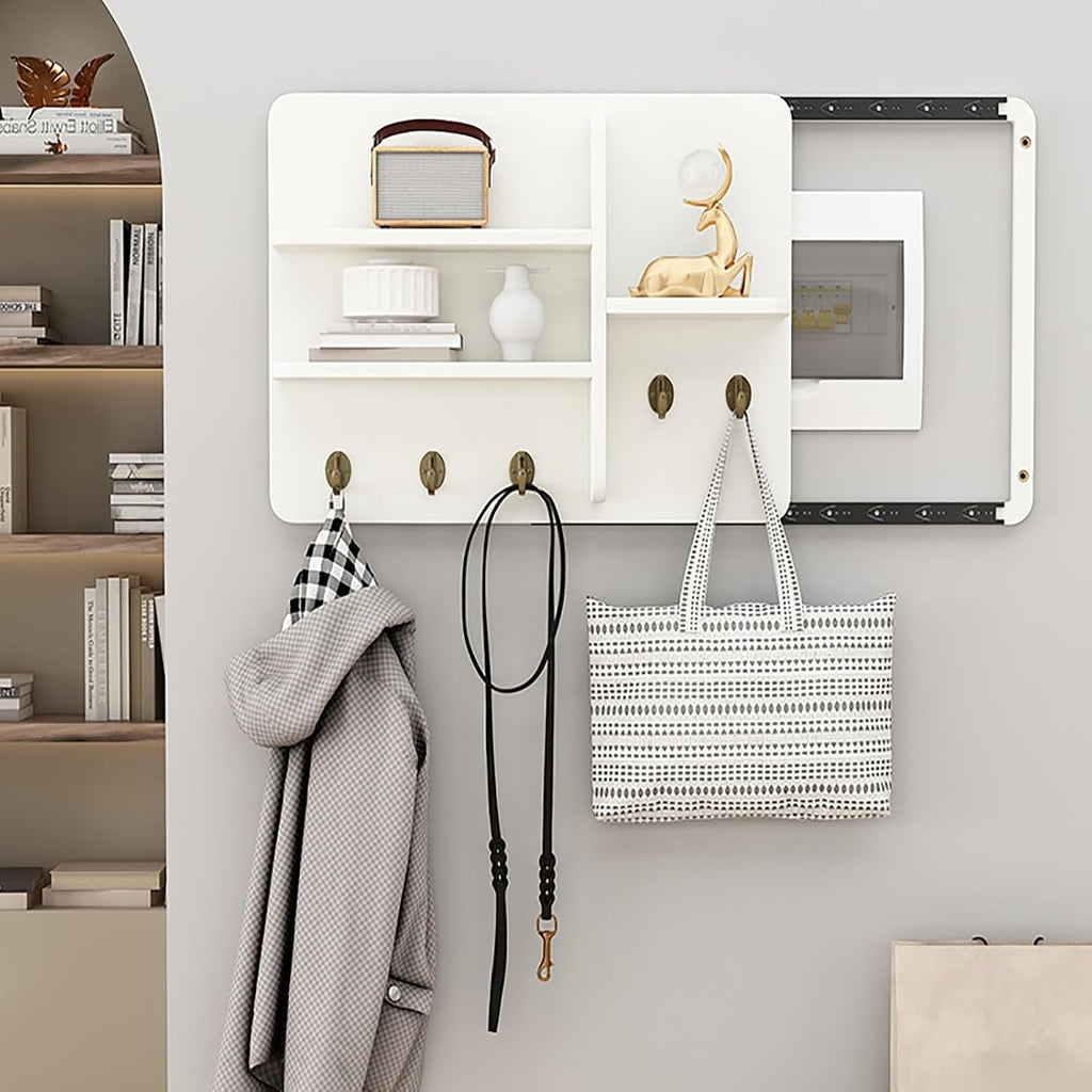 Electric Meter Box Cover Decorative with Shelves & Hooks, Hidden Circuit Breaker Panel, Wooden Decor Cover for Living Room Bedroom Office(White 1,50 * 40cm/19.7 * 15.7in)