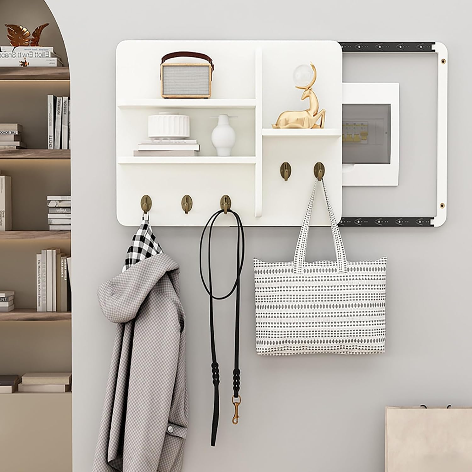 Electric Meter Box Cover Decorative with Shelves & Hooks, Hidden Circuit Breaker Panel, Wooden Decor Cover for Living Room Bedroom Office(White 1,60 * 40cm/23.6 * 15.7in)
