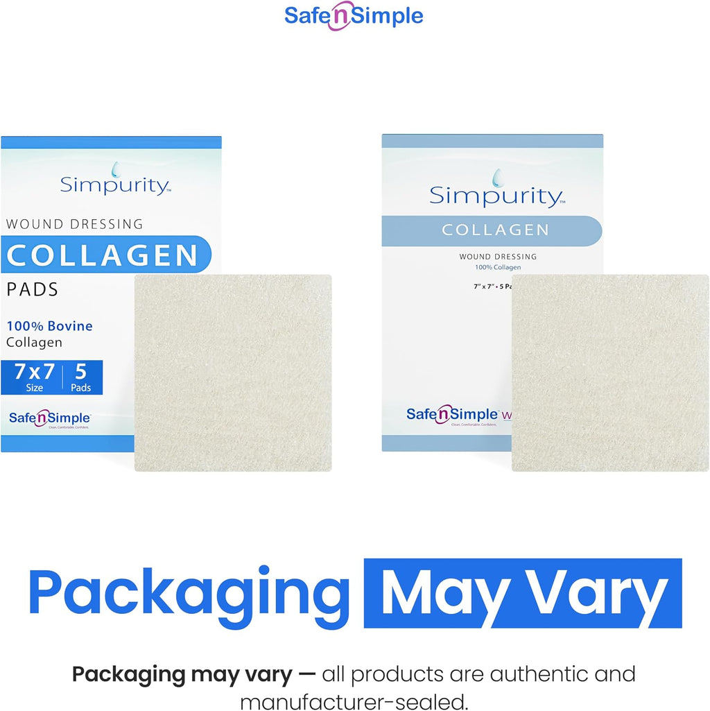 Collagen Dressing Pads - 7 x 7 in 5-Pack Collagen Pads for Wounds - Non-Adherent Collagen Dressing for Wound Care - Safe n' Simple Wound Care Supplies