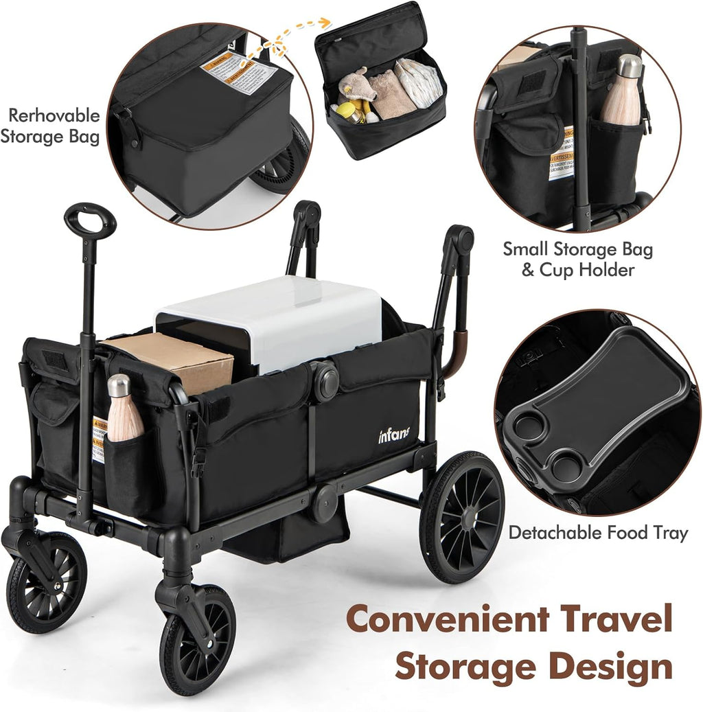 INFANS Wagon Stroller for 2 Kids, Collapsible Adjustable Push Pull Handle Bar, 2 Seater Stroller Wagon with Removable Canopy Snack Tray, Comfortable Drop-Down footwell and Upholstered Seats