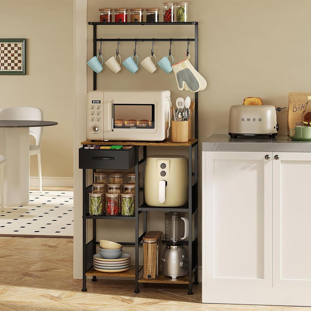 Vertical 5-Storey Kitchen Baker's Rack Storage Rack, Household Microwave Oven Rack with Drawers and Six Hooks for Spices, Pots,A