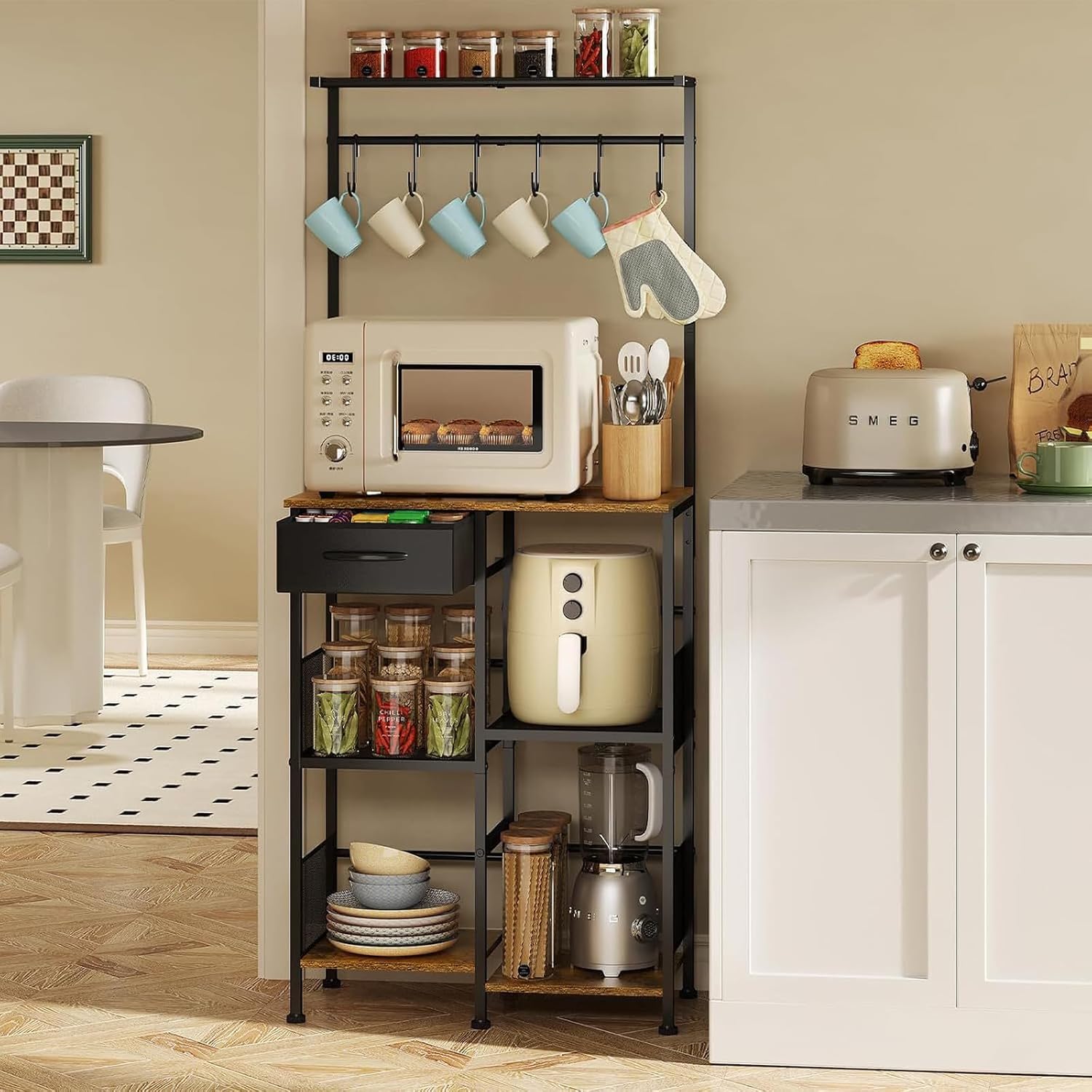 Vertical 5-Storey Kitchen Baker's Rack Storage Rack, Household Microwave Oven Rack with Drawers and Six Hooks for Spices, Pots,A