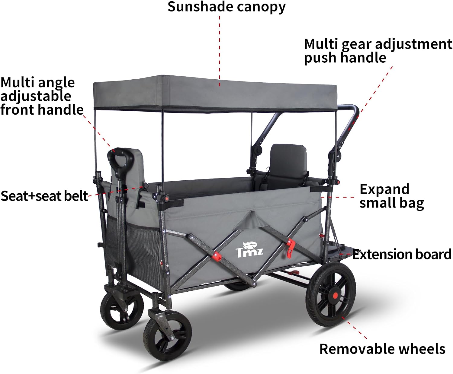 TMZ Collapsible Wagon with 2 Foldable Seats, Folding Cart with Removable Canopy, Heavy Duty Wagon 265LBS Load Capacity for Camping Garden Shopping (Grey)