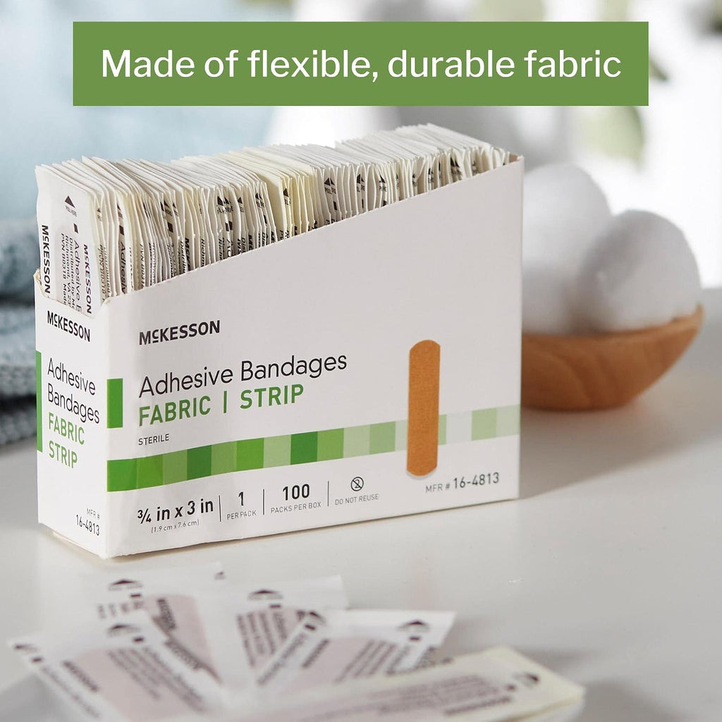 McKesson Adhesive Bandages, Sterile, Fabric Strip, 3/4 in x 3 in, 100 Count, 24 Packs, 2400 Total