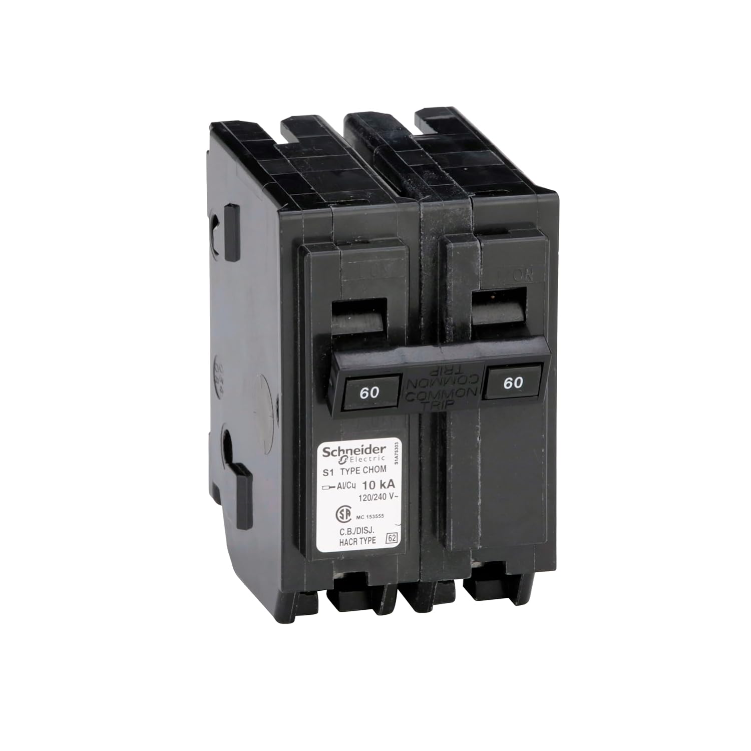 Schneider Electric - Homeline Mini Circuit Breaker, 60A, 2 Pole, 120/240VAC, 10kA AIR, Standard Type, Plug-in, UL, HACR Rated Breaker Application, Screw Clamp Terminal Electrical Connection