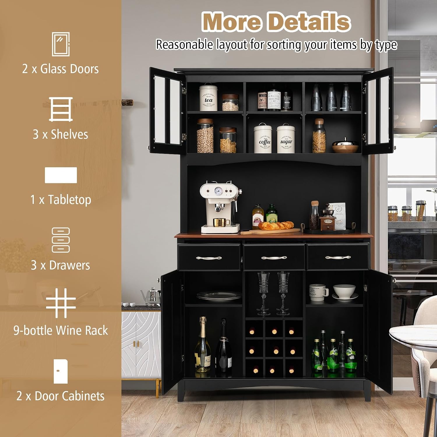 LOKO Kitchen Hutch Storage Cabinet, Sideboard Buffet Kitchen Cupboard with 4 Doors, 3 Drawers, 5 Adjustable Shelves and 9 Wine Grids, 44 x 17 x 72.5 inches (Black)