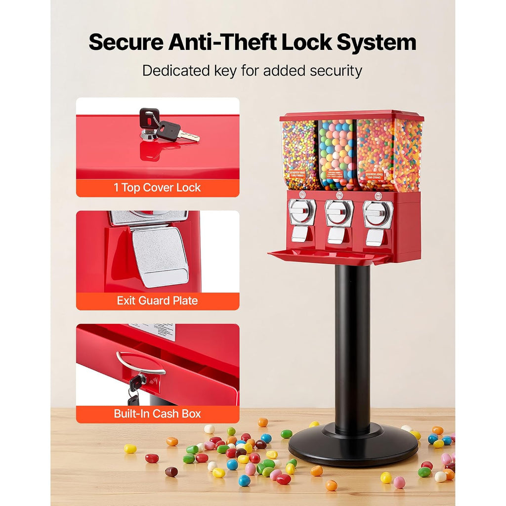 VEVOR Candy Vending Machine, Triple Compartment Candy Dispenser, Commercial Gumball and Candy Machine for Business with Iron Stand, Coin Operated Gumball Bank for Toy Capsules Bouncy Balls Candy
