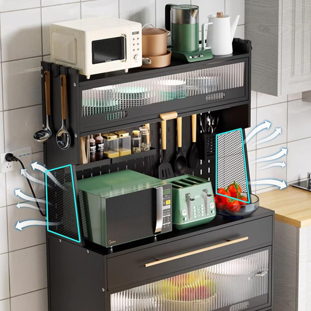 Metal Kitchen Storage Cabinets, Bakers Rack with Storage, Kitchen Microwave Stand, with Drawers, Hooks * 8, Foot Pads * 4(Black-80Cm)