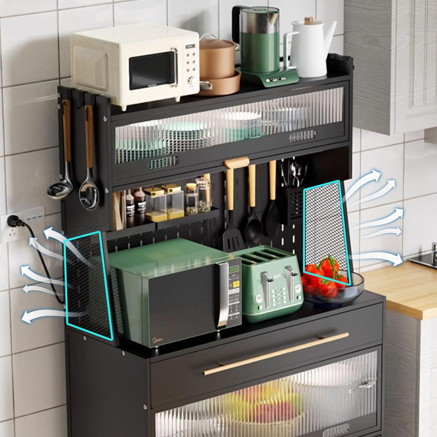 Metal Kitchen Storage Cabinets, Bakers Rack with Storage, Kitchen Microwave Stand, with Drawers, Hooks * 8, Foot Pads * 4(Black-80Cm)