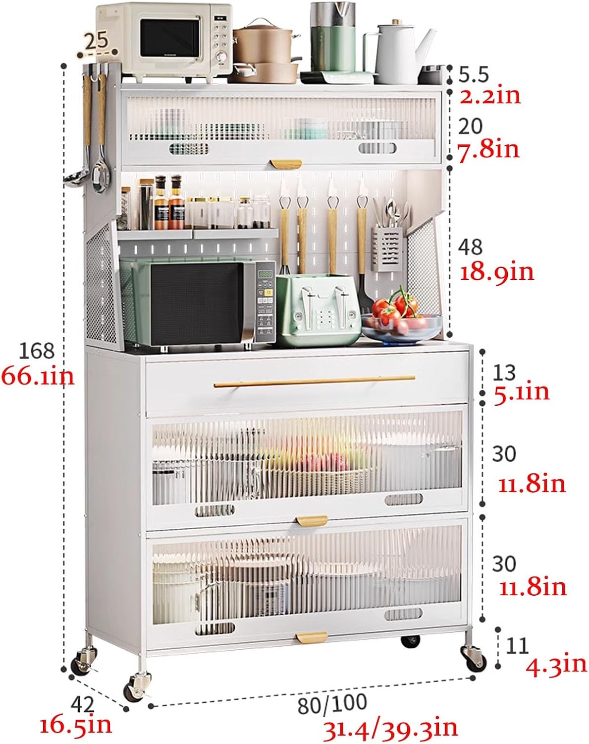 JKGHK 5-Tier Bakers Racks with Storage for Kitchens, Microwave Stand on Wheels with Flip Door Cabinets and Pegboard, Tall Kitchen Pantry Cabinet with Drawer for Home(Black,80cm/31.4in)