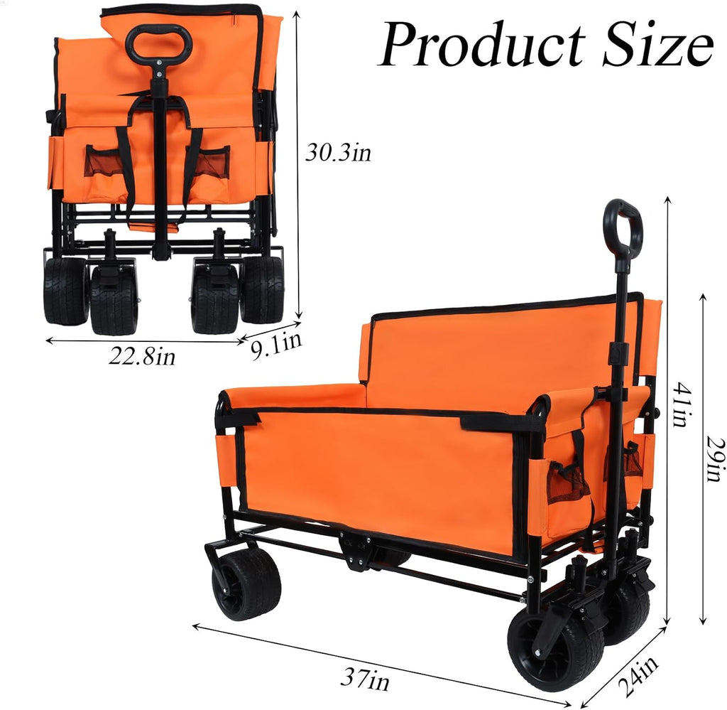 Convertible Folding Wagon Cart, 500lbs Heavy-Duty Utility Wagon with Bench Seat & Storage, 180L Capacity, All-Terrain Wheels for Camping, Beach, Sports, Garden