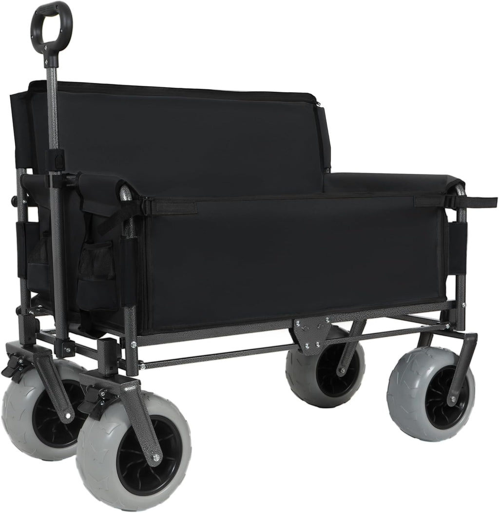 Black Collapsible Wagon, Bench Seat & Storage, All-Terrain Wheels & Steel Frame, Folding Camping Cart for Beach, Sports, Fish, 40.94x20.47x44.29 in
