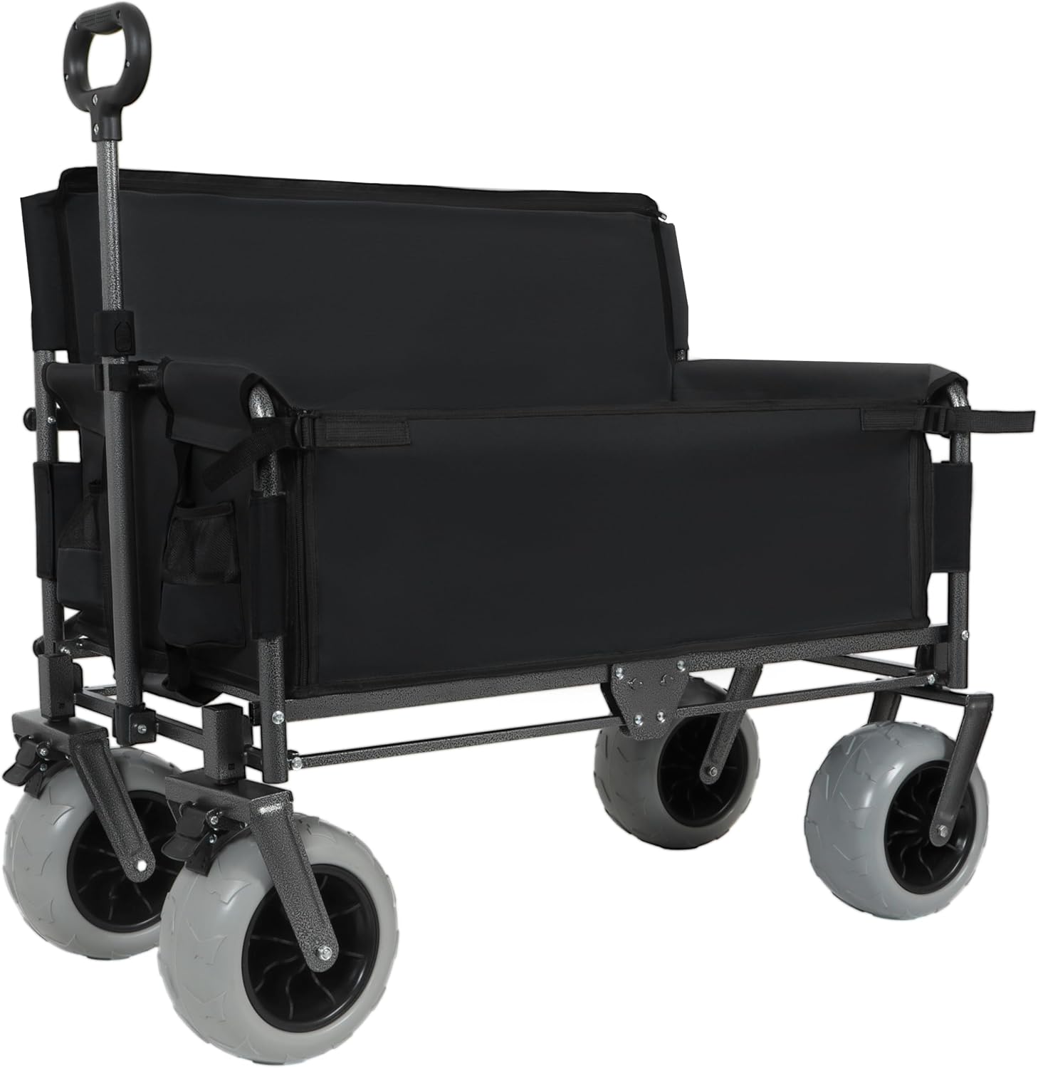3-in-1 Convertible Folding Wagon Cart with Bench Seat & Storage-500lbs Capacity, 9'x4' Beach Tires for Camping & Beach (Black + Steel)
