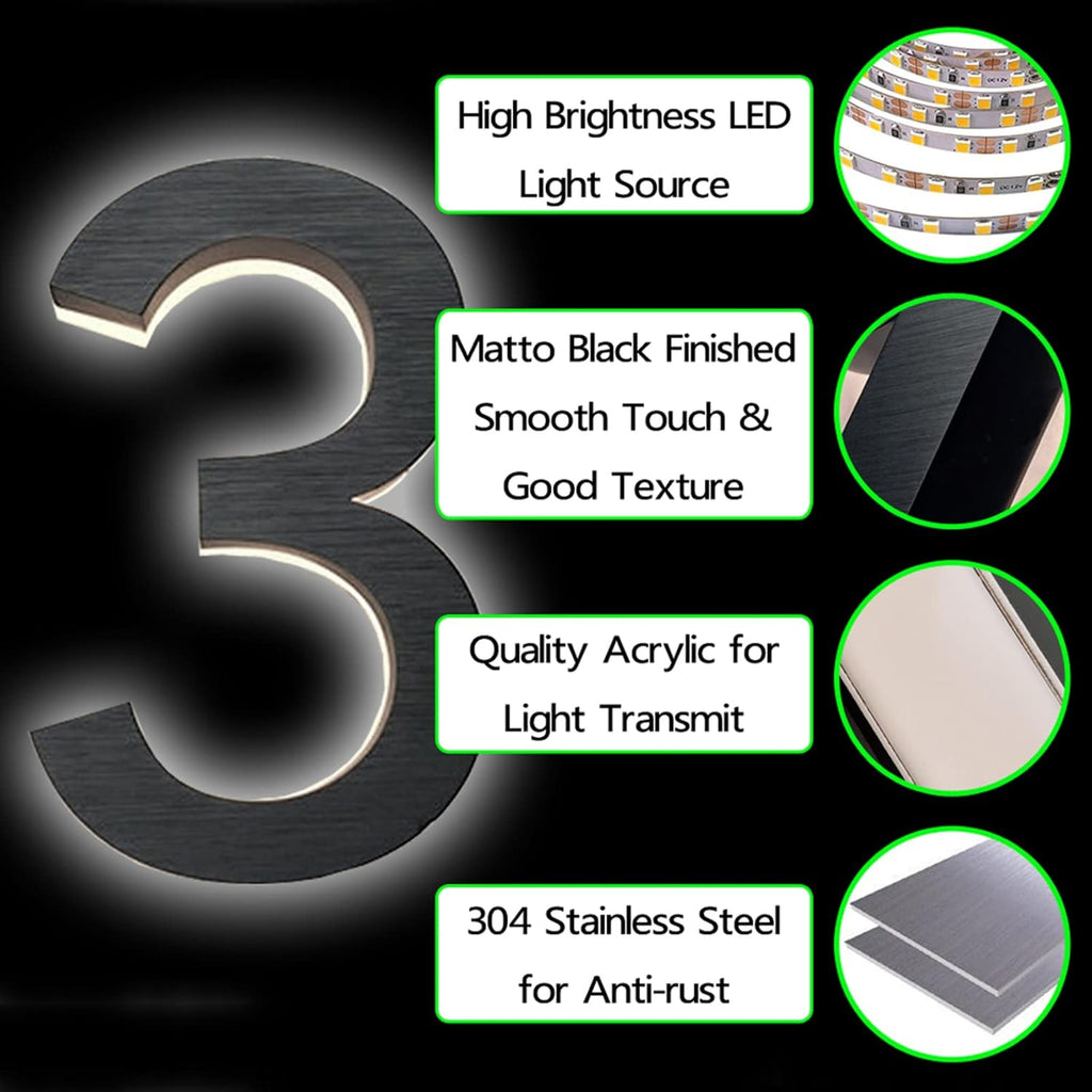 Backlit Lighed LED House Numbers, Black Finishes, Address Signs Lighted Plaque, Outdoor/Indoor, Modern, Low-Voltage, Weatherproof, Day & Night, White Light,16 Inch,8