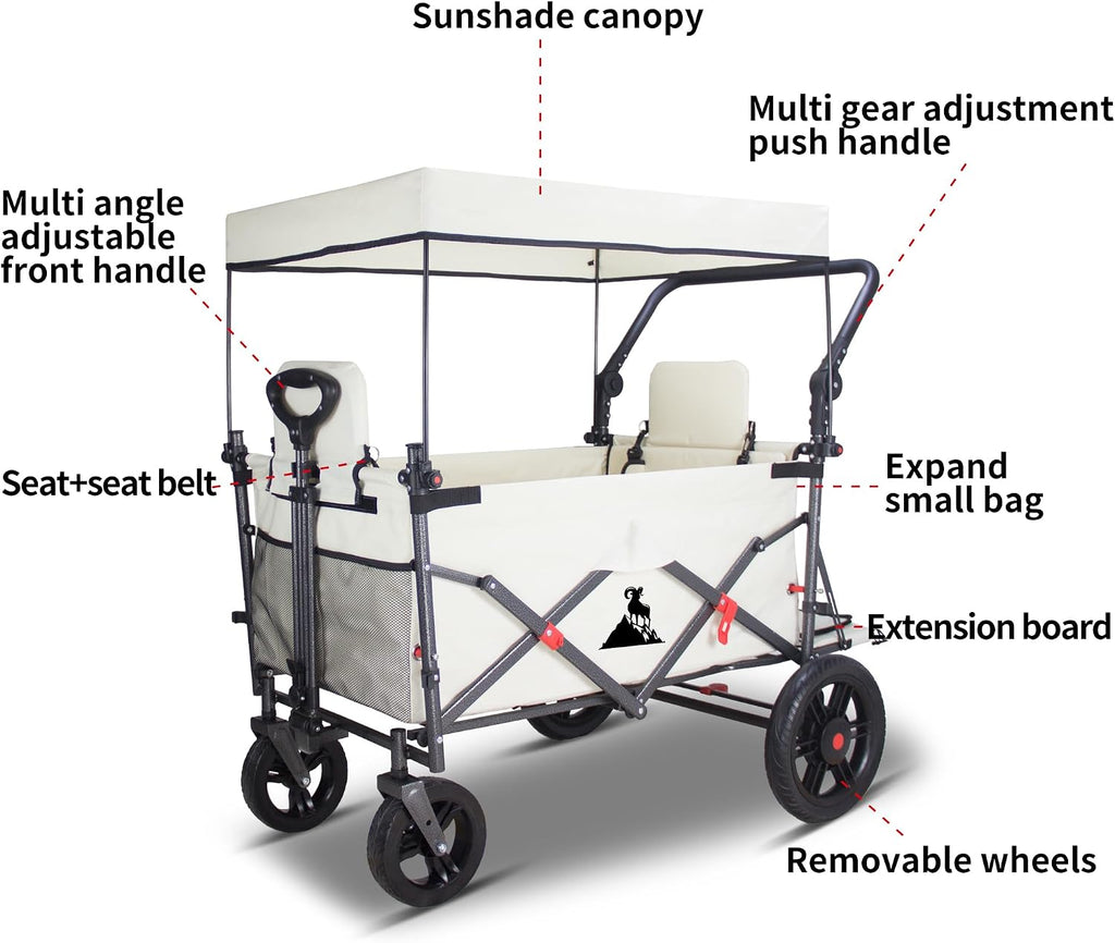 Collapsible Foldable Foldable Wagon Cart with Quick-Release Wheels & 2 Seats Camping Wagon- Heavy-Duty Utility Wagon 265LBS Capacity for Camping, Garden, Shopping (Beige)