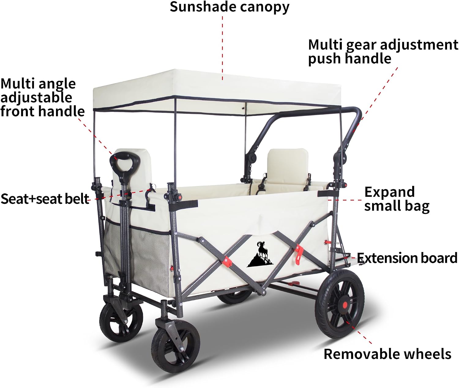 Collapsible Foldable Foldable Wagon Cart with Quick-Release Wheels & 2 Seats Camping Wagon- Heavy-Duty Utility Wagon 265LBS Capacity for Camping, Garden, Shopping (Beige)