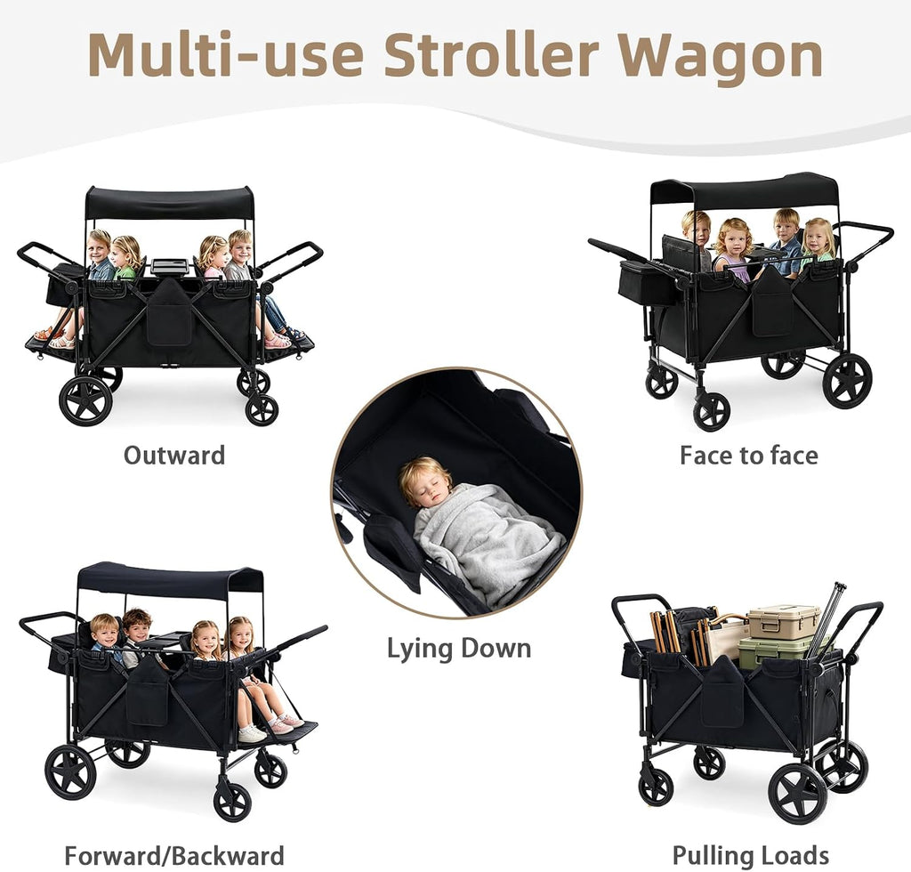 Stroller Wagon for 4 Kids, 4 Seater Wagon Stroller with Convertible Seats Footrests, Snack Tray, Storage Bag, Removable Canopy, Wagon Stroller 4 Seater with Double Push Handle (Black-Convertible)