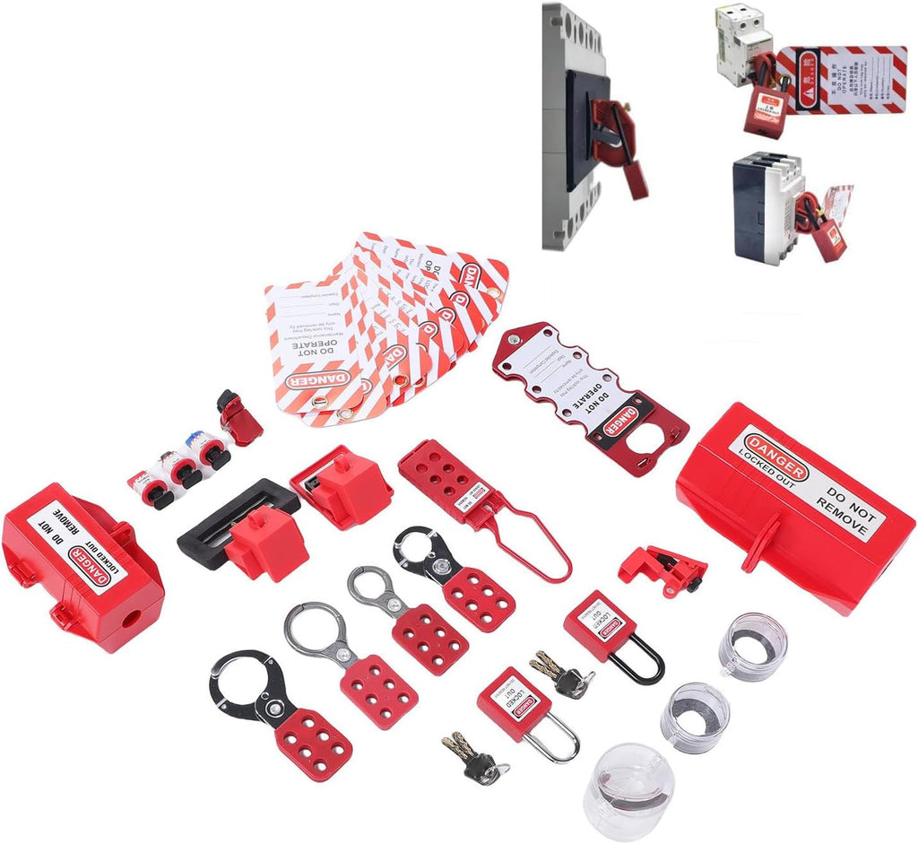 ciciglow Lockout Tagout Kit, Padlock Tag Set Group Lockout Hasps Universal Clamp On Circuit Breaker Lock Loto Safety Padlock Set with Tool Box for Industry