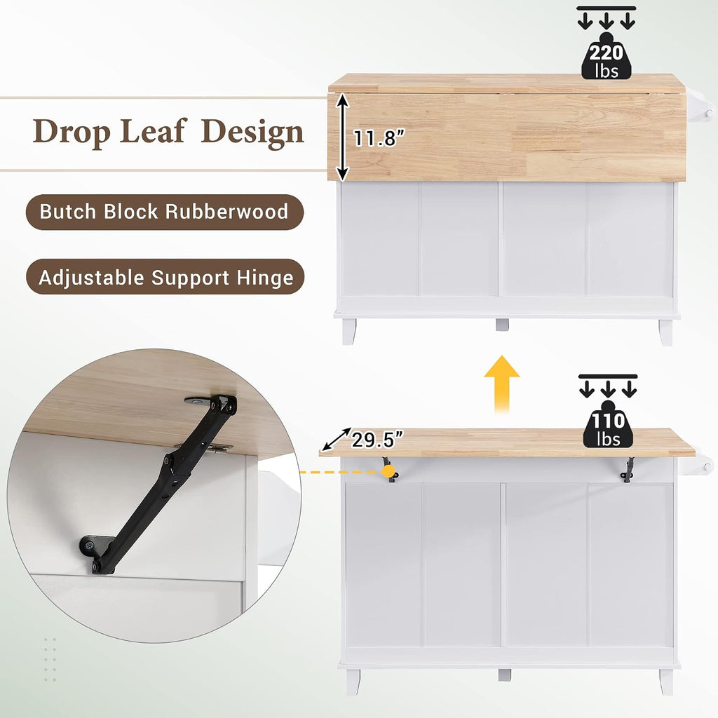 Bellemave 3 Piece Kitchen Bar Table Set Kitchen Island Set with 2 Stools and Drop Leaf, Island Table Set with Seating, Storage Cabinet, Drawers and Towel Rack (White+Rustic Brown)