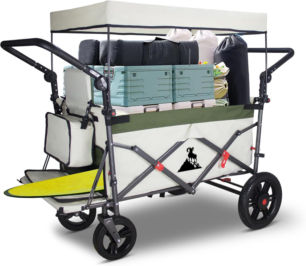 Foldable Wagon with Canopy - Collapsible Utility Cart with 2 Seats & Belts, Adjustable Handle, Expandable Front for Camping, Picnic, Shopping (Beige/Green)