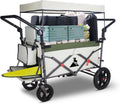 Foldable Wagon with Canopy - Collapsible Utility Cart with 2 Seats & Belts, Adjustable Handle, Expandable Front for Camping, Picnic, Shopping (Beige/Green)