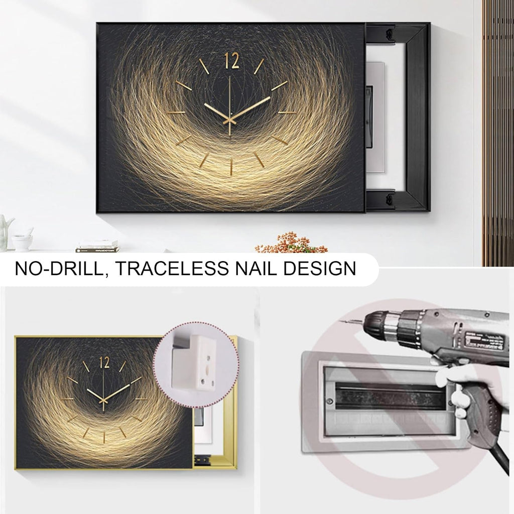 Decorative Painting Cover with Clock, Hidden Circuit Breaker Panel, Wall Mounted Electrical Panel Cover, Push-Pull Design for Home Office(Black 7,60 * 45cm/23.6 * 17.7in)
