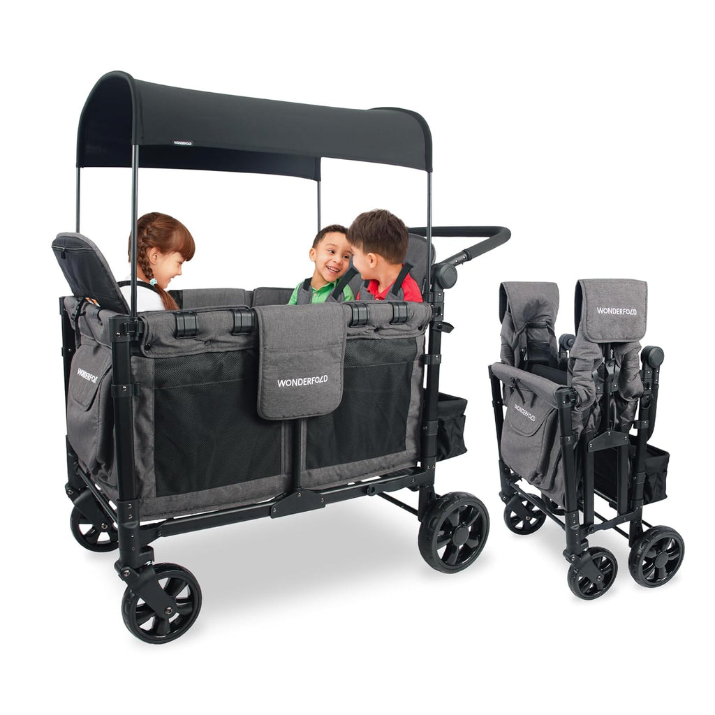 WonderFold W4 Elite Stroller Wagon - Foldable Wagon with Steel Frame - Adjustable Canopy & Push Handle - All-Terrain Wheels - for Babies, Toddlers & Kids - 4 Seater - Gray